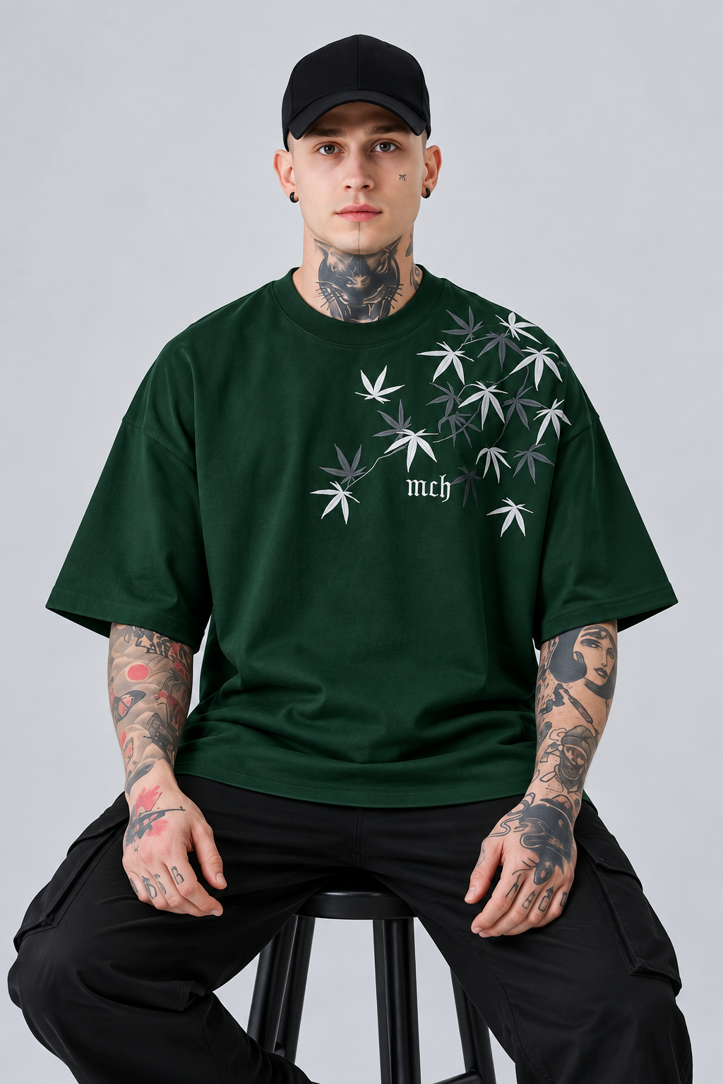 SELINX Forest Green Leaf Oversized T-Shirt