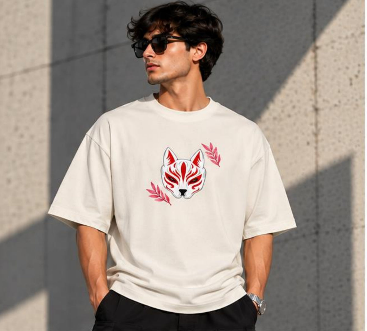 Model wearing the Selinx DREAM off-white oversized tee, front view with fox-mask graphic