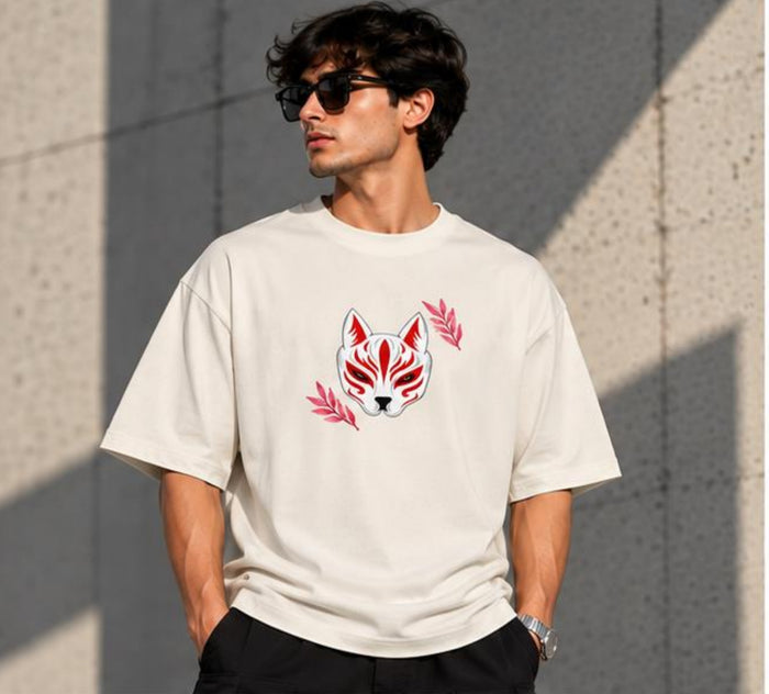 Model wearing the Selinx DREAM off-white oversized tee, front view with fox-mask graphic
