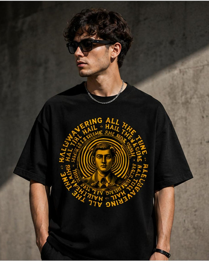 Model wearing the Selinx STUBORN black oversized tee, front view