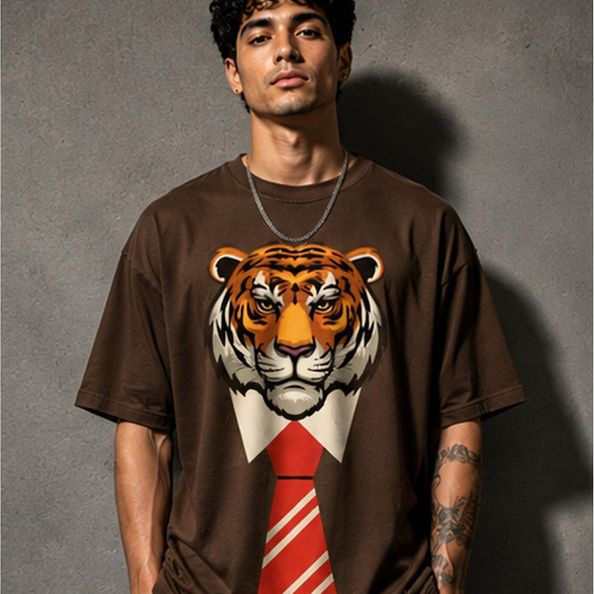 Close view of the Selinx DREAM PLAN DO brown oversized tee showing the boxy drop-shoulder fit