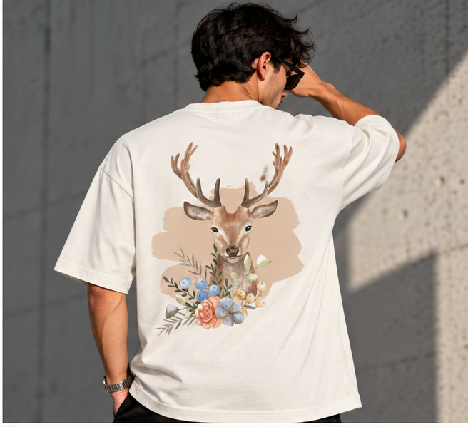 Back view of the Selinx WILD BLOOM tee with watercolour stag and floral artwork