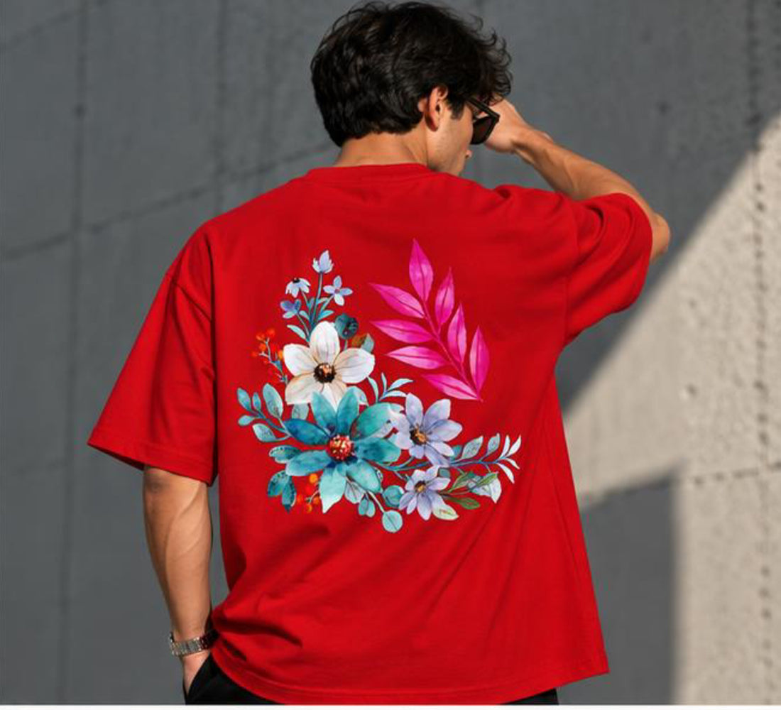 Back view of the Selinx CREATE YOUR REALITY red tee with vibrant floral artwork