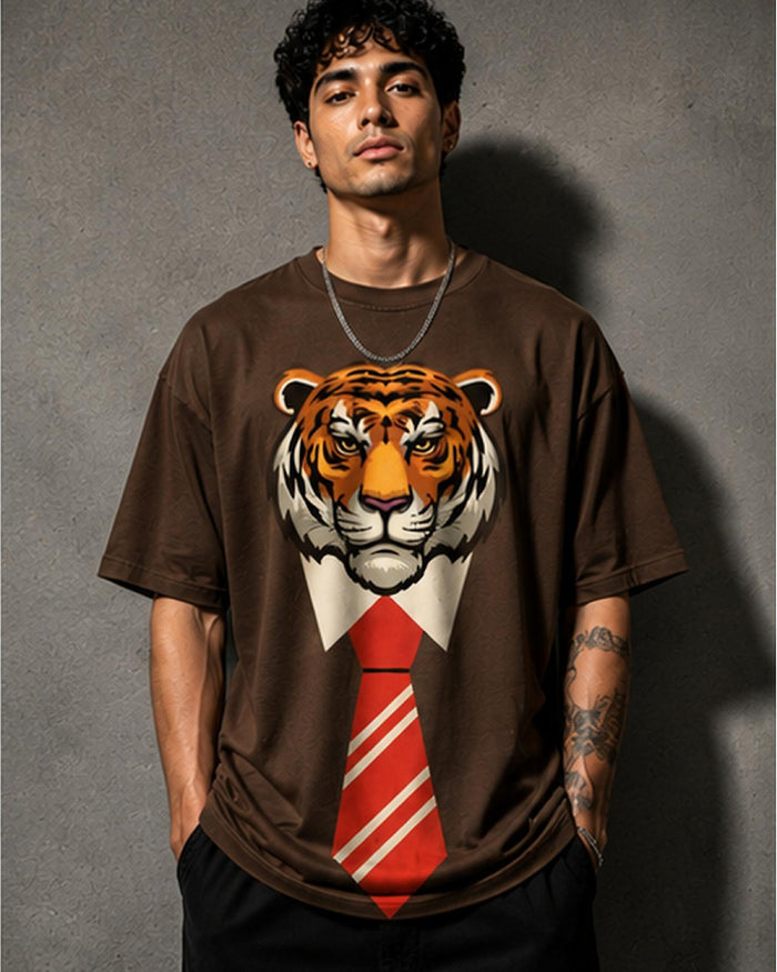 Model wearing the Selinx DREAM PLAN DO brown oversized tee, front view with tiger graphic