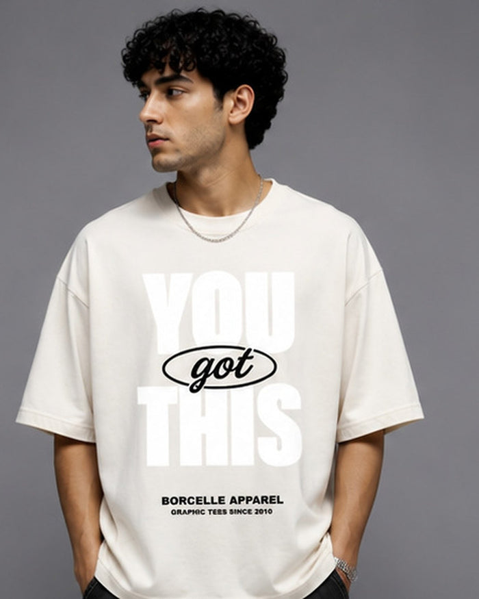 Model wearing the Selinx YOU GOT THIS cream oversized tee, front view